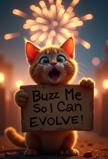 A cute cat, watching some fireworks with an over the top shocked facial expression, holding a sign  it says "Buzz Me So I Can Evolve!", realistic, cinematic shot, head tilted back, large eyes, pointing at the viewer,