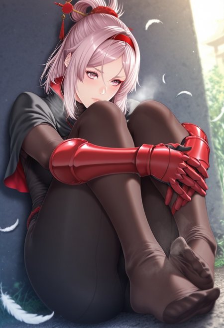 zucchini, outdoors, undershirt, falling feathers, black bodysuit, hair stick, hugging own legs, , gauntlets,   eyeshadow,   red gloves,  high ponytail,  , black capelet, red hairband, pink eyes, 1girl, solo, feet, visible breath,   dynamic angle, foreshortening, smell, steam,