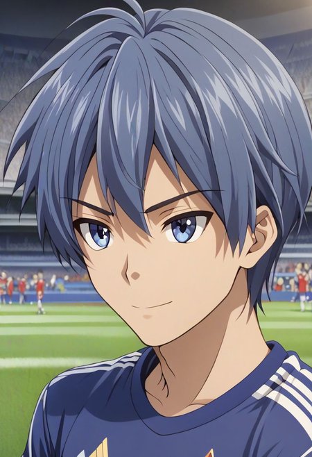 high resolution, solo, best quality, 1Boy, Tomoya Okazaki, Grey Blue Hair, soccer player, field, portraits, sport photography, celebration, OverallDetail