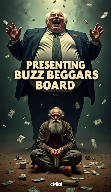 Create a retro-style movie poster for a comedy buddy film called 'PRESENTING Buzz Beggars Board'. feature a haunting portrait of economic disparity dominates this striking poster. A gaunt, elderly homeless man sits cross-legged on bare earth, his unkempt beard and tattered clothes a stark contrast to the opulence around him. His vacant stare is fixed on some unseen horizon as he clutches a dented tin cup. Dollar bills litter the ground, a pitiful reminder of the vast wealth gap. Towering above, an obscenely obese businessman His face is contorted in maniacal laughter, arms outstretched in triumphant glee. Money rains down around him in a swirling vortex, his ill-fitting suit and small  golden badge with a lighting symbol on it .  while the smoky background bleeds into the raining money to the  streets below. Harsh lighting casts deep shadows, amplifying the emotional impact. In bold, clear text, the phrase 'PRESENTING  Buzz Beggars Board' overlays the image, a declaration of defiance against the forces of economic injustice. At the bottom there is a small 'civitai' logo.
