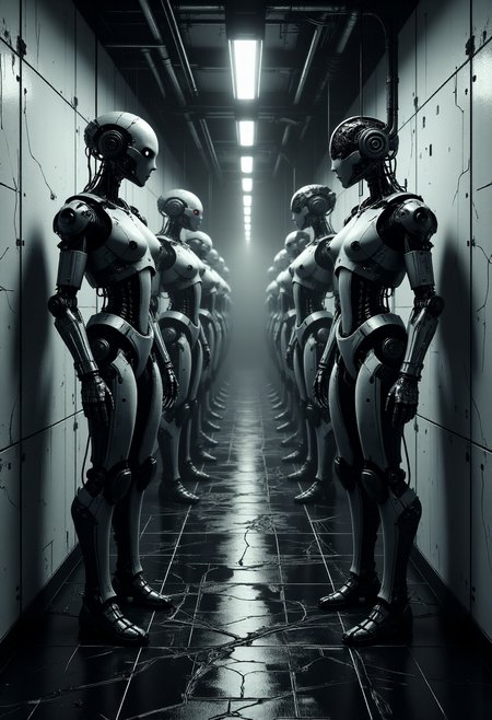 (Dark sci-fi horror corridor, stretching from left to right, with rows of deformed robots standing eerily like mannequins from Silent Hill. Each robot is slightly damaged, with missing parts and unsettling poses, cracked or fractured heads and limbs, casting eerie shadows on the white, cracked walls and black marble floor. The atmosphere is haunting, with dim, cold lighting that enhances the sense of dread, creating a surreal, unnerving corridor scene. Rendered in hyper-realistic detail, the image is smooth and sharp, with every element captured with crystal-clear precision and lifelike clarity. highly detailed, ultra detailed),  <lora: - Flux1 - vanta_black_V1.0:0.4>,  <lora:ck-nc-pastel-cyberpunk:0.6>,  <lora:Neon_Noir_FLUX:0.5>,  <lora:scifi-robot-flux:0.6>,