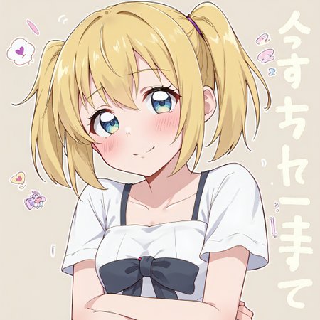 Short, blonde, twin pigtails, small breast, petite, adult, simple background, cute, blushing, smug, arms crossed, facing viewer, head tilted up, 1girl