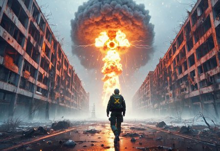 OPPENHEIMER, Scum game background, Chernobyl disaster, The nuclear power plant was destroyed after the explosion , Intercontinental ballistic missile Nuclear weapon, Russian alphabet, Apocalypse,girl,  fire,  glowing x, minimalist short outfit, anti social , escapade running, falling snow, cyberpunk ruined ancient city, intricate details,8k post production, faithful, Religious denomination, cinematic color