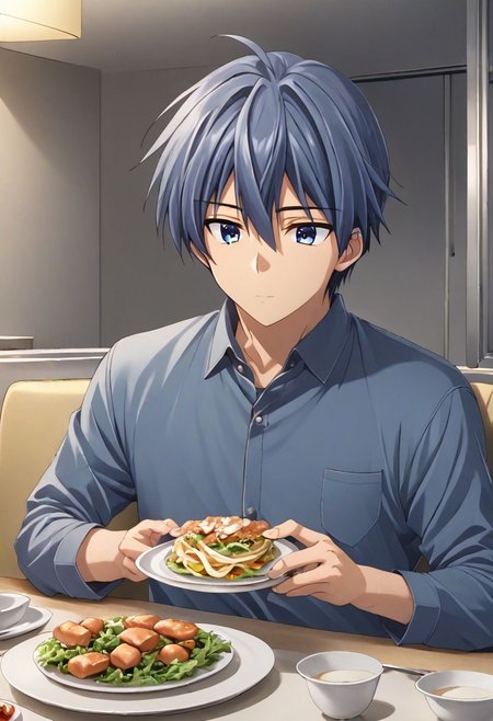 high resolution, solo, best quality, 1Boy, Tomoya Okazaki, Grey Blue Hair, dating, romantic, dinner, OverallDetail