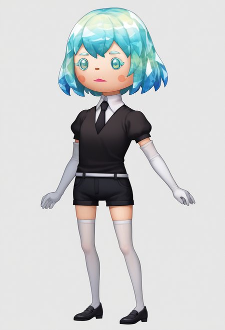 score_9, score_8_up, score_7_up, source_anime, theatrhythmstyle, chibi, simple background, white background, full body, solo, 1girl, hskdmnd, crystal hair, colored eyelashes, multicolored hair, short hair, black shirt, puffy short sleeves, collared shirt, black necktie, elbow gloves, white gloves, black shorts, white thighhighs, black footwear <lora:zs_TheatrhythmStyleXL_1:1> <lora:Hoseki_HousekiNoKuni_Diamond_PDXL_v1:1>