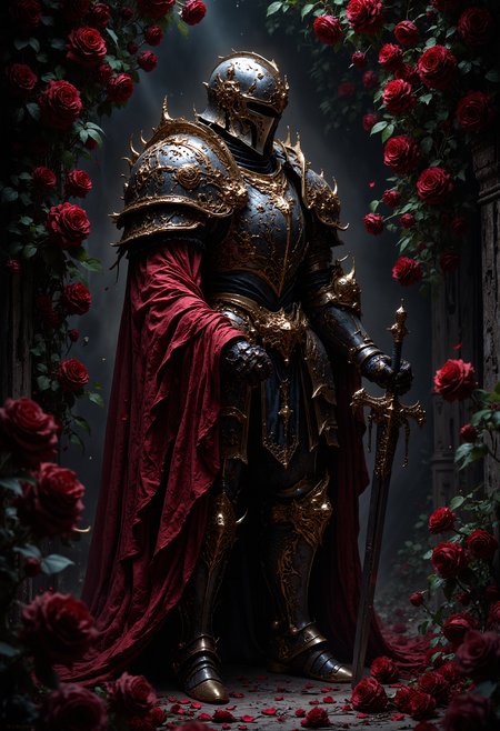 Medieval knight in full plate armor, standing in a side profile, covered with intricate ornate patterns, wearing a red tattered cloak, chainmail visible underneath, holding a sword by the hilt, dark and aged steel with gold accents, helmet with narrow eye slits, surrounded by deep red roses and green leaves, petals gently falling, dramatic shadows, dark and mysterious atmosphere, detailed texture of armor and cloak, moody and cinematic lighting, framed by a wall overgrown with roses.  <lora:FluxMythP0rtr4itStyle:0.8> MythP0rt,  <lora:flux_vividizer:0.5> <lora:FredFraiStyle-FLUX-Share:0.6>