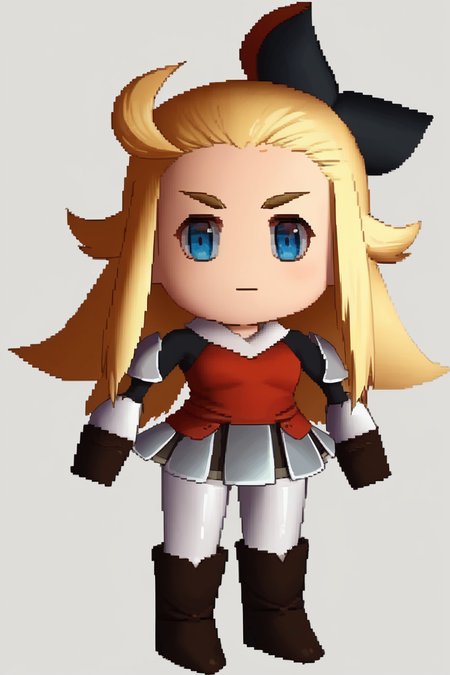 score_9, score_8_up, score_7_up, score_6_up, source_anime BREAK 1girl, solo  <lora:edealee-pdxl-nvwls-v1-000005:1> bdEdea, blonde hair, ahoge, black bow, hair bow, red shirt, armored skirt, white leggings, thigh boots, brown gloves  <lora:zs_FFVIIChibisXL:1> ffviichibis, chibi, standing, full body, white background