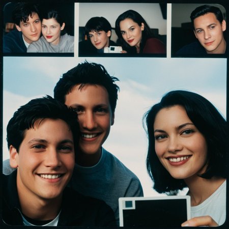 <lora:add-detail-xl:1>
<lora:detailed:0.3>
<lora:perfection style:0.3>
<lora:xl_more_art-full_v1:0.3>
 <lora:Donnie Darko film style:1>
a man and two women in front sitting next to each other taking a selfie with Polaroid,looking at viewer,smile,short hair,black hair,male focus,multiple,lips,book,3boys,realistic , cinematic, film, Donnie Darko film style