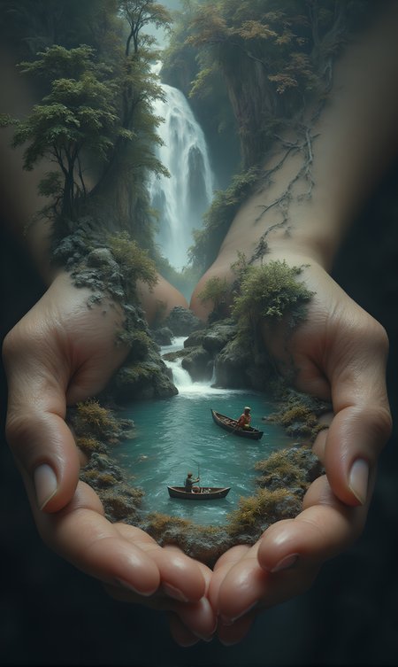 Create an intricately detailed and lifelike image depicting a pair of human hands tenderly cradling a miniature lake. On the surface of the lake, a small canoe floats with a fisherman leisurely casting his line. Towering above the hands, a dramatic cliff looms, from which a powerful waterfall plunges down, appearing to nourish the lake nestled in the palms. The entire composition should evoke a surreal, enchanting atmosphere, giving the impression that a fragment of a tranquil, picturesque landscape is being held gently by human hands