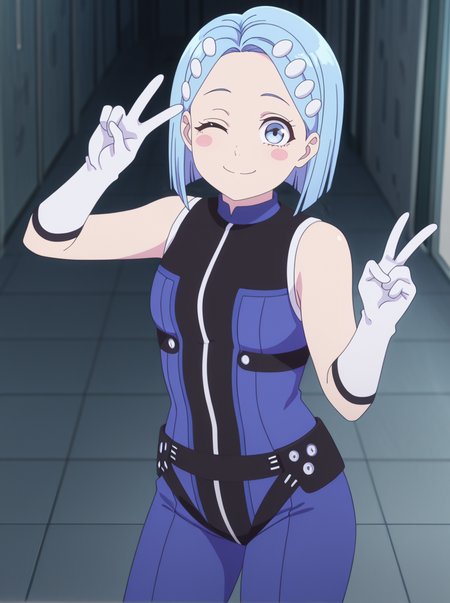 masterpiece, best quality, amazing quality, very aesthetic, absurdres, newest,  anime screenshot,  anime coloring,  <lora:KomachiAizomeBlue:1>komachiaizomeblue, blue hair, 1girl, short hair, solo, hair ornament, gloves, sleeveless, white gloves, bodysuit,  v_sign wink smile,