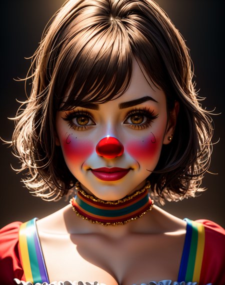 Masterpiece, high quality, 4K, beautiful design, shiny, from the front, award winning photo, extremely detailed, amazing, fine detail, absurdres, highly detailed woman, extremely detailed eyes and face, by lee jeffries nikon d850 film stock photograph 4 kodak portra 400 camera f1.6 lens rich colors hyper realistic lifelike texture dramatic lighting unrealengine trending on artstation cinestill 800 tungsten, solo, 1girl, smiling, excited,sexy,
 <lora:Clussy:0.8>, clussy, a woman dressed in a costume with a clown face , wearing clussy, red clown nose