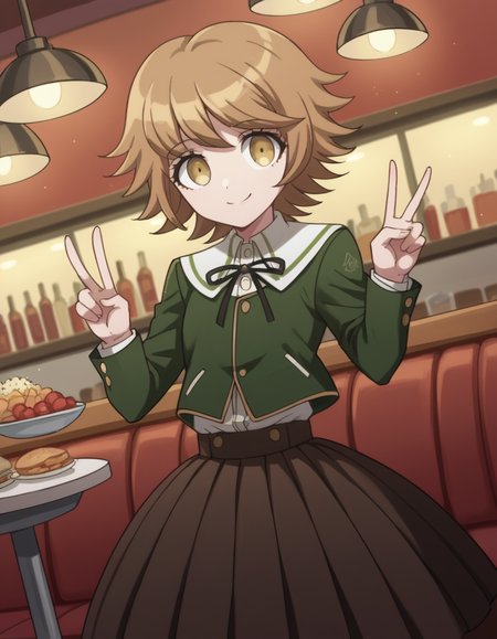 score_9, score_8_up, score_7_up, source_anime, <lora:chihiro-fujisaki-s1-ponyxl-lora-nochekaiser:1>, chihiro fujisaki, short hair, bangs, brown hair, brown eyes, male focus, otoko no ko,, skirt, shirt, long sleeves, ribbon, school uniform, jacket, pleated skirt, black ribbon, neck ribbon, brown skirt, green jacket,, restaurant, laughter, good food, warm lighting, celebration, smile, looking at viewer, hand making a peace sign, solo,, cowboy shot, dutch angle
