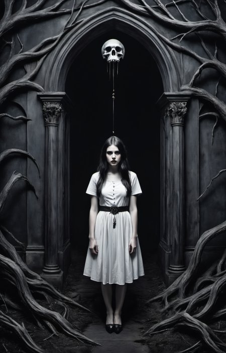 Horror-themed create an award-winning photograph of a young woman exploring an original and unconventional theme that captivates and amazes the viewer.  Push boundaries of traditional concepts,infusing the image with creativity and wonder,leaving a lasting impression on those who behold it.,absurdres,intricately detailed,32K, . Eerie, unsettling, dark, spooky, suspenseful, grim, highly detailed