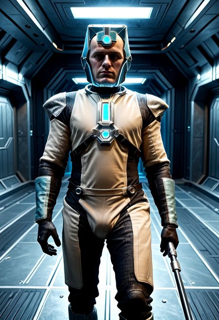 Corpus crewman in a spaceship corridor, science fiction,  dramatic shot, male focus, 1boy, male corpus crewman wearing corpus crewman helmet,  robot, rectangular helmet, blue light bar on helmet, brown and black corpus crewman suit, (helmet with hard edges, helmet with a flat front face, helmet with hard corners, helmet with blue light strip), black shoulder pad, tubes from metal chest plate, black gloves with silver palms, blue circle near hips,  metal bands below fore arm, fit, athletic build, square patch on thigh, holding electric baton,
realistic texture, realism, best quality, 
(((Corpus, corpus crewman, Tan and black corpus suit, corpus tileset,    Corpus helmet, wearing helmet, wearing corpus helmet,))) moa in the background, two legged robot in the background,