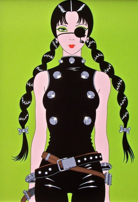 ernestogarciacabral1 illustration, Expressionist illustration style, bold exaggerated linework, stylized female figure, East Asian woman shown from waist up, intense studio backdrop, exaggerated poised stance, expressive posture with sharp emotion, skin rendered in smooth porcelain tones with high contrast shadows, illustrated soft light with cool undertones and glowing ambient rim light, over-accentuated glossy black latex top, high neckline, tight form, detailed with oversized silver studs and thick chrome chains, drawn shimmering reflections and surreal highlights, matte black eyepatch oversized and symmetrical, vibrant lime green eyeshadow stylized and exaggerated to spill from edges, long black hair illustrated with hyper-shiny wet texture, dual braids twisted and flowing with glossy cartoon sheen, thick black clips at ends, minimal jewelry with enlarged silver chains drawn in stylized glint, bold flat fluorescent green background, high saturation and intense contrast, cyberpunk expressionist mood, exaggerated moisture highlights on hair and latex with layered reflective textures, gritty crosshatch grain effect, deep dramatic shadows and extreme shallow focus in illustration depth, fusion of vintage film poster glamour with dystopian fashion exaggeration, fashion-forward freeze-frame energy, surreal control in composition and exaggerated character presence.