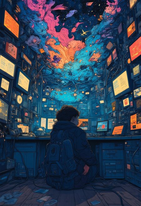 An extremely detailed and symbolic image of a boy sitting alone in a dimly lit room, surrounded by a chaotic swirl of glowing screens, wires, and data streams. The digital overload consumes the space around him, with fragmented images, notifications, and text floating in the air, representing the overwhelming age of information. The boy’s face shows a mix of exhaustion and wonder as he closes his eyes, retreating into his imagination. From his mind emerges a vivid, dreamlike world bursting with color and life—fantastical creatures, lush landscapes, and endless stars fill the scene, contrasting sharply with the cold, sterile glow of the screens. The boundary between reality and imagination is blurred, with fragments of his dream world creeping into the room, while tendrils of data dissolve into the colorful expanse. The image captures both the struggle of navigating the information age and the power of imagination as a means of escape.