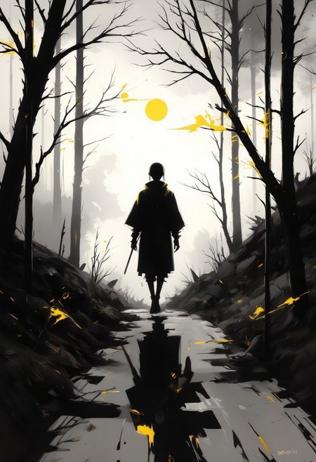 aidmaimageupgrader, monki, hill, back view stave, shadow, silhouette, black and white, monochrome, yellow accents, dramatic lighting, atmospheric, foggy background, japanese culture, minimalist, moody, contrast, sunset glow, isolated figure, reflective pose,pscho_4rt