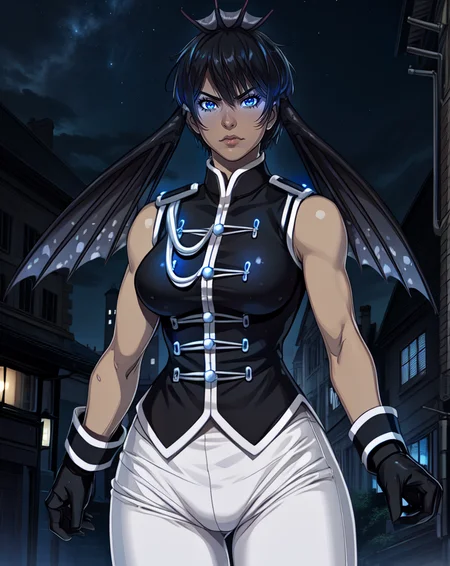 Irene,blue eyes,black hair,short hair,crown,head wings,
black top,sleeveless,black gloves,white pants,
standing,upper body,serious,
night,streets,
(insanely detailed, beautiful detailed face, masterpiece, best quality),solo,<lora:Irene:0.8>,