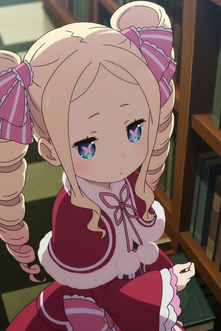 anime coloring, very aesthetic, masterpiece, perfect composition,  beatrice_\(re:zero\), twin drills, depth of field, symbol-shaped pupils, library, get books from bookshelf, from above   <lora:Beatrice-illu:0.8>