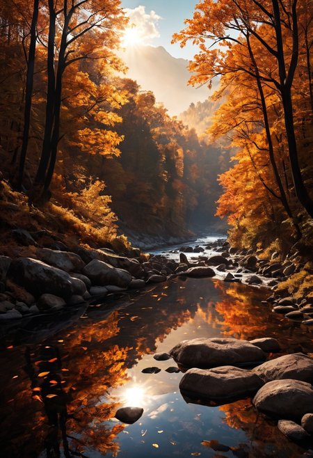Papercut, Breathtaking views, nostalgia, detailed landscape, captivating, a harmony of nostalgia and innovation, great lighting, Nature, autumn leaves, fall, forests, campfire a rivers, the light from fire lit up the river, sun, sunlight, beautiful rivers, double exposure, beautiful view, mysterious glow, beautiful clouds, depth of field, masterpiece, best quality, 8k, ultra-detailed, very aesthetic, illustration, superb composition, finest details, , intricate details, absurdres, high contrast, RAW, concept art,