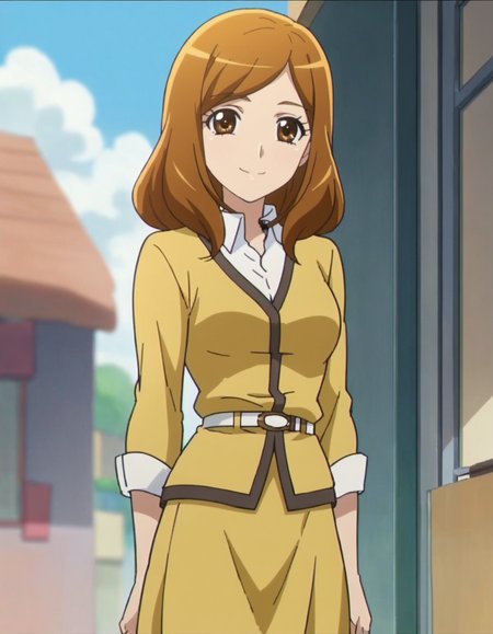 score_9, score_8_up, score_7_up, anime screencap, solo,1girl,kisechiharu,  skirt, smile,  looking at viewer, pantyhose, long sleeves, belt, yellow skirt, jacket, cowboy shot,medium breasts, <lora:kisechiharu:0.8>,