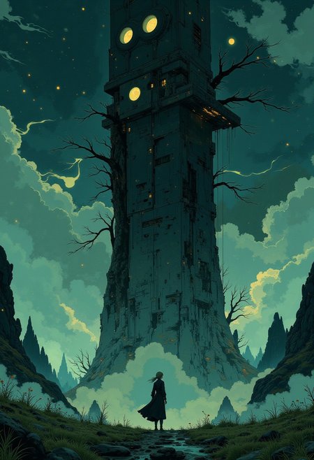 This is a highly detailed and intricate digital painting, depicting a lone female figure standing in a vast, eerie landscape under a dark, starless sky. The young woman, dressed in a long, dark coat, with long flowing silver hair, faces a towering, ancient, and crumbling monolithic stone structure with intricate carvings. The structure has two circular holes and stands amidst jagged, rocky peaks. The foreground is a green, mossy plain with faint, ghostly streaks descending from the sky. The scene is illuminated by a faint, eerie glow, creating a surreal, haunting atmosphere. The camera angle is low, emphasizing the height of the structure.