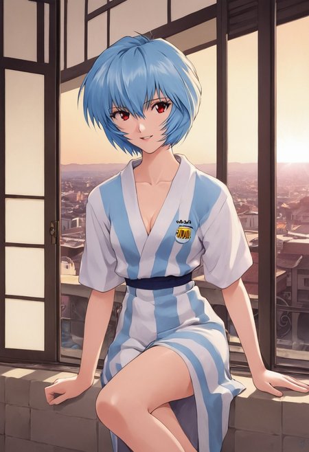 1girl,ayanami rei,solo,red eyes,short hair,blue hair,,smile,short sleeves,hair between eyes,,bangs, Argentina ,cowboy shot,looking to the side,looking at viewer,parted lips,<lora:Sadamoto Yoshiyuki_XL_V3:0.8>, open smiling, sitting , long cleavage, sexy pose, city background, argentinian flag, light blue and white yukata
<lora:kimono:0.8> short yukata, furisode, bath yukata, uchikake, breast barely poking
BREAK <lora:veranda_v0.1:0.8> veranda, sunset, sun streak, small breast, round breast, open legs, rising the right fist, western environment