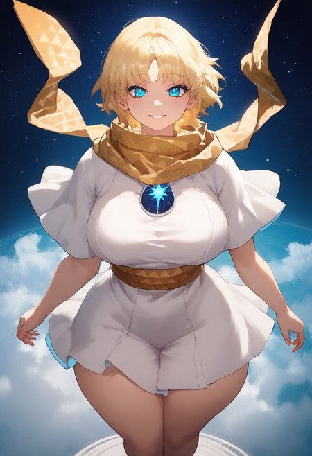 (score_9, score_8_up, score_7_up, perfect, high quality, best quality, ultra-detailed, very aesthetic, illustration, perfect composition, intricate details, absurdres, high res image, masterpiece, vibrant colors, beautiful face, detailed face, 1girl, solo focus, perfect eyes, detailed eyes, perfect hands), female, voyager, blonde hair, short hair, bangs, parted bangs, blue eyes, bright pupils, pale skin, thick thighs, (venus body, perfect body, large breasts), curvy body, huge hips, (baggy clothes, star (symbol), yellow scarf, scarf, short sleeves, tunic), (floating, smiling, slight blush, looking at viewer), (sky, starry background, space)