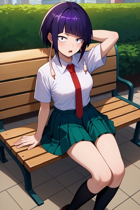 score_9, score_8_up, score_7_up, score_6_up, source_anime, 1girl, solo  <lora:kyoukajiro-pdxl-nvwls-v1-000006:1> bnhakj, black hair, purple hair, short hair, blunt bangs, black eyes, audio jack, long earlobes, collared shirt, white shirt, short sleeves, red necktie, dark green skirt, pleated skirt, sitting, black socks, loafers, bench, arm behind head, looking at you, open mouth, blush, medium breasts, park, city
