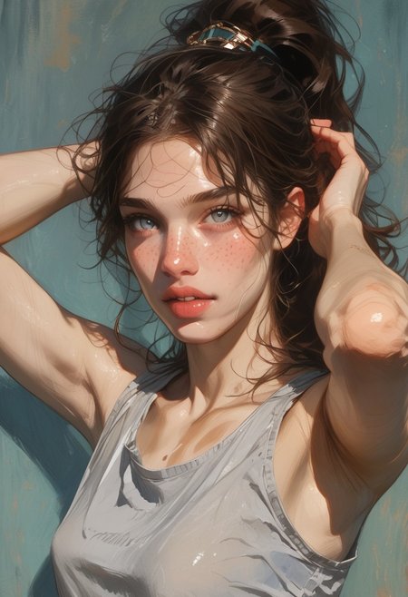 score_8_up, score_7_up, score_6_up, d3t41l3d, (watercolor painting), 1girl, 40yo, older, mature, brunette, messy hair, cute face, (round face, freckles, body freckles), (plump:0.7), grey eyes, small breasts, sagging breasts, round lips, (buck teeth), ((grey tanktop, ponytail, arms up, adjusting hair, fashion, dancer)), ambient light, (abstract background, white bed), (dynamic pose, posing), detailed mouth, detailed skin, realistic skin, Expressiveh, highly detailed, detailed eyes, looking at viewer, seductive, ((cowboy shot)), side view, looking at viewer,