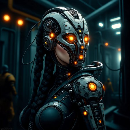 Create a detailed and realistic illustration of a futuristic, cybernetic woman with a strong, mechanical appearance. Her face is adorned with intricate metal and cybernetic components, including glowing orange lights and mechanical bolts. Her hair is long and braided, with strands of metal and wires visible. The background should be a dark, industrial setting with blurred lights and structures, giving a sense of a futuristic, sci-fi environment. The overall style should be dark and dramatic, with a focus on the intricate details of the cybernetic components.   <lora:artist/style_of_H._R._Giger_FLUX_295-000006:0.7>, style of H. R. Giger, <lora:scifi/dvr-transformers-flux:0.4>,  <lora:scifi/moxiePunk_v20.safetensors:1.0>,