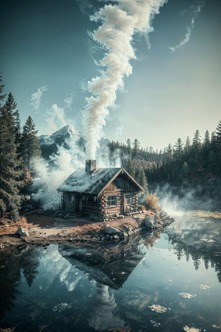 Secluded Cabin: A cozy, secluded cabin in the woods, with smoke rising from the chimney and a serene lake nearby. 
vignette,unique, masterpiece, 1 of 10000, most worth piece of art,   <lora:CBS_novuschroma37 style_b:1.2> (novuschroma37 style, style of experimental photography, double exposure:1.2)
 <lora:xl_more_art-full_v1:0.4>
 OverallDetailXL 
<lora:add-detail-xl:1>
 <lora:CinematicStyle_v1:0.5> 
<lora:Ice:0.95> ice