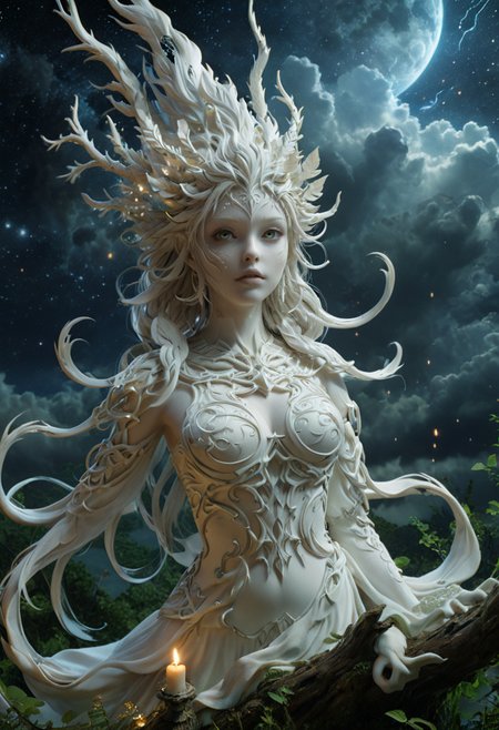 A 24mm  image in a WhiteMold style, looks 3D printed in a wonderful aesthetic white, Dryad, with high detailed and beautiful eyes set in A grand celestial palace floating among the stars, a dynamic dying pose and an panic expression. The scene is illuminated by Gentle candlelit glow, enhancing the mysterious atmosphere. Distant thunder flashing across stormy clouds. Merging anime expressiveness with cinematic ultra-HD depth, resulting in a visually stunning 8K masterpiece. Intricately composed, the scene radiates depth and emotion in razor-sharp detail., <lora:add-detail-xl:0.5>,  <lora:xl_more_art-full_v1:0.8>, <lora:3DPrintingXL:1>,