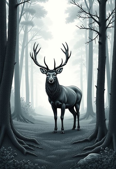 Majestic stag in a foggy forest, stippled illustration in the style of STPPLD, standing proudly among tall trees with mist drifting through the forest, highlighting the details of its antlers and textured fur