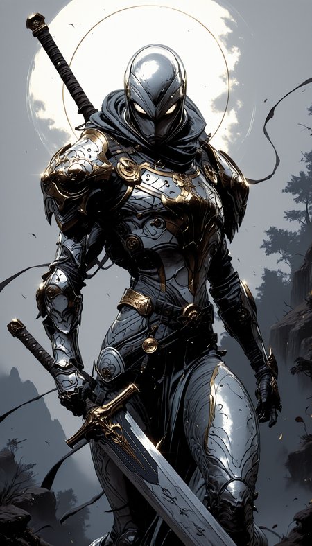 holding weapon, fighting stance, holding  buster sword,huge weapon,, WCG-Illu,, kaarea masterpiece, best quality, high quality, ultra-detailed, realistic,  traditional media, vivid_color, high contrast, speed lines, move_effects, action Create a detailed digital artwork of an armored figure, likely a superhero, set against a dark, smoky background. The armor is intricately designed with a combination of silver and gold hues, featuring ornate patterns and motifs. The helmet is sleek, with a white visor that obscures the eyes, adding an element of mystery. The figure's pose is assertive, with one arm extended forward, showcasing the armor's design. The overall style of the image leans towards a fantasy or historical theme, emphasizing the armored nature of the character. solo, looking_at_viewer, 1boy, standing, male_focus, grey_background, armor, helmet, shoulder_armor, gauntlets, pauldrons, breastplate, knight, full_armor,    holding weapon, fighting stance, holding  buster sword,huge weapon,, WCG-Illu,, kaarea