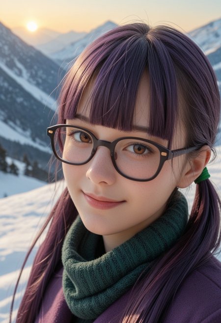 score_9_up, score_8_up, score_7_up, score_6_up, 1girl, solo, 25 years old, perfect face, (adult), sexy, 
detailed face, blush, shy smile, portrait, face focus, depth of field, looking at viewer, close up,   
brown eyes, 
(purple hair:1.2), very long hair, twintails, sidelocks, blunt bangs, green ribbon, floating hair, 
glasses, rectangular eyewear, purple coat, purple scarf, 
mountains, scenery, winter, snow, sun,