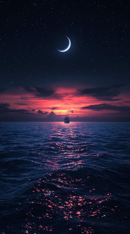 A majestic cinematic shot frames the lone ship gliding across the deep blue ocean, against the breathtaking backdrop of a fiery orange-pink sunset dissolving into inky blackness. The crescent moon casts a soft glow, illuminating the bioluminescent water's shimmer. The vast ocean and celestial sky evoke tranquility, wonder, and awe, while the solitary ship adds mystery and adventure, inviting the viewer to embark on a fantastical journey across the starry sea.