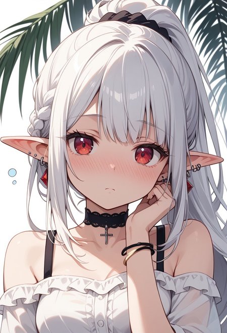 score_9, score_8_up, score_7_up , small-medium breasts, expressive eyes, BREAK 1girl, white hair, red eyes, long hair, ponytail, expressionless, looking at viewer, tired, jirai kei, white shirt, bare shoulders, piercing, ear piercing, choker, bracelet, elf ear, chibi, (young:1.5), white background, hair braided to ponytail, portrait, face in focus, resting head on palm, closed eyes, (sleepy:1.3), embarrassed, shy, blush, lustful, horny, nose blush, flustered, surprised,