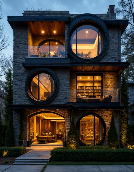 A striking, modern townhouse with a blend of historical and contemporary architecture, featuring a facade of arched, circular windows framed in black steel. The exterior is made of a mix of dark brick and stone, with intricate masonry surrounding the windows. Warm, ambient lighting from within the house highlights the elegant design of the interior, visible through the large, glass-paneled archway on the ground floor. The interior is illuminated with soft, golden light, showcasing a cozy, open-plan living space with modern furnishings and bookshelves. The upper floors feature large circular and arched windows, creating a geometric contrast with the rectangular shape of the house. The scene is set at twilight, with the sky darkening and the warm lights creating a welcoming glow. The foreground features a small garden with manicured bushes and stepping stones leading up to the front entrance. aidmaHyperrealism <lora:aidmaHyperrealismv0.3:0.6>  <lora:Sinfully_Stylish_.02_for_FLUX:0.6> in the style of Jed-clrfl <lora:flux-colourful:0.3>  <lora:FluxDFaeTasticDetails:0.6>