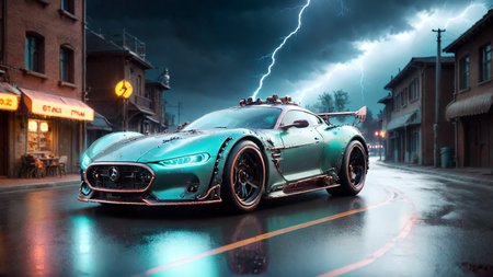 Hyperrealistic art a sci-fi future sportscar in random colors passing by,  (camera from front:1.3), light speed, neon, flash, motion trail, (stars and a future City in the background:1.3), motion blur, epic visual effects, interstellar, flow, detailed, scifi, star blast, dark vibrant colors, cosmic art, stars in background, cinematic scene, lens flare, god rays, glow,  glowneon, glowing, sparks, fullmoon night, stormy weather, lightning, ultra detailed , dramatic lighting, shallow depth of field detailed background, dark noir style, HDR, RAW, ray tracing reflections, sharp focus, ultra realistic
<lora:dreamcolor:0.3> <lora:style:0.3> <lora:EDG_-_Test_Lora:0.3> <lora:SDXLHighDetail_v5:1> <lora:LowRA:1> <lora:ste4mpunk:1> . Extremely high-resolution details, photographic, realism pushed to extreme, fine texture, incredibly lifelike