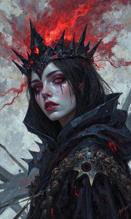 A surreal, painterly close-up envisions a spectral queen of shadows, captured from a slightly low angle. Her form seems partially coalesced from darkness itself, her pale skin having an ethereal, almost translucent quality. Positioned centrally, she turns her head from a slightly angled torso to fix the viewer with a gaze that pierces the soul. Her eyes are not merely red but swirling vortexes of crimson energy, spilling faint tendrils of red light like smoke onto her shadowed cheeks. The dark makeup around them seems etched by shadow magic. Her lips, colored the blackest plum, are sealed, hinting at unspeakable power held within. The jagged black crown she wears seems forged from solidified nightmare, its points unnaturally sharp, pulsing faintly with dark energy; the central fractured shard burns with unstable scarlet fire, cracking the air around it with miniature bolts of red lightning that illuminate her face with flickering intensity. Her hooded cloak is woven from tangible shadow, constantly shifting and whispering, its texture less like fabric and more like condensed void, occasionally revealing glimpses of starlight or tormented faces within its folds; the textured section on her shoulder writhes subtly, like captured souls bound in metallic thread. The background is a chaotic storm of spectral mist and fractured reality, swirling non-Euclidean shapes in ghostly whites, grays, and deep abyssal blues, constantly shifting as if viewed through a dimensional tear. The lighting is unnatural, emanating primarily from the volatile red energy of her crown and eyes, casting sharp, dancing shadows and bathing the scene in an oppressive, otherworldly crimson and black glow, radiating immense, barely contained dark magic., <lora:FLUX-daubrez-DB4RZ-v2:0.35> DB4RZ, DB4RZ style painting
<lora:Wizard's Arcana Digital Painting:0.35> painterly speed-painting
<lora:aidmaMJ6.1_v0.5_3:0.35> aidmamj6.1, aidmamj6