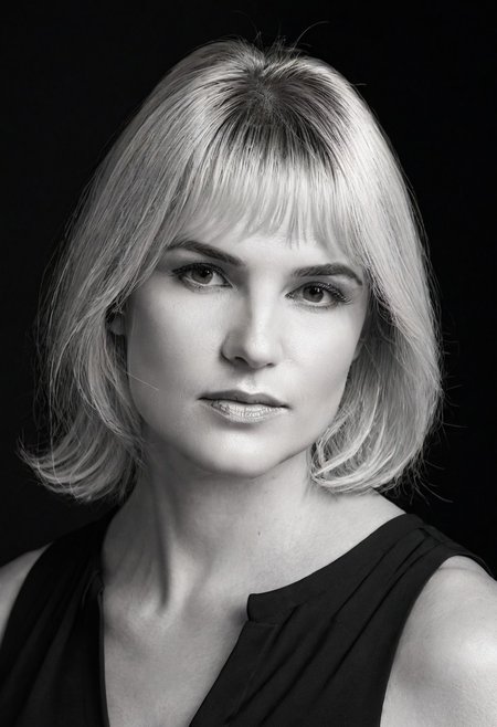 A striking monochrome portrait of a high-fashion model captured in a classic, Vogue-inspired photoshoot. The image focuses on her upper body, showcasing sharp bone structure and flawless skin illuminated by dramatic, high-contrast lighting. Shadows and highlights play artfully across her face. Her gaze is powerful and direct, exuding confidence and sophistication, with slightly parted lips that add a touch of allure.
(Her hair is styled sleekly back), drawing attention to her expressive features and creating a sculpted silhouette against a soft, shadowed background. She wears minimal accessories - perhaps a single, elegant earring catching the light adding sophistication without distraction. The monochrome palette enhances the texture and contrast, giving her skin a smooth, almost ethereal glow, while the deep shadows add depth and mystery. The overall composition feels timeless and refined, embodying classic beauty and editorial poise with a touch of modern edge.. backinblack, grayscale, monochrome