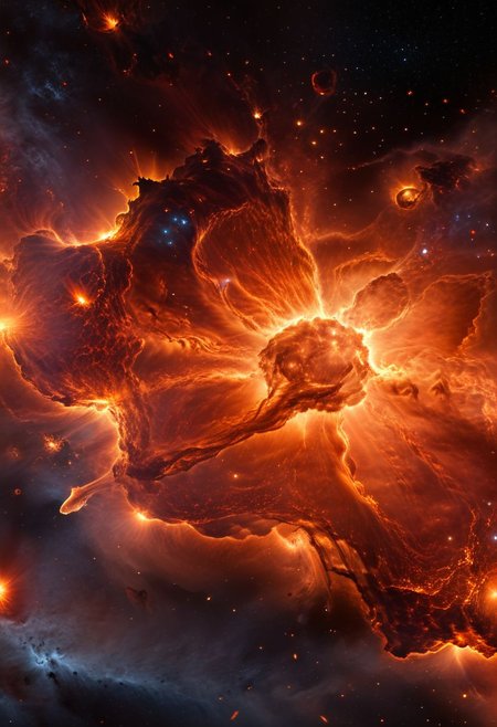 my favorite image of the essence the universe in fire, total fiery atmosphere, fire lit star, professional cgi smooth and clear and clean image masterpiece,  depth of field, burning nebula, burning, emporflammen,