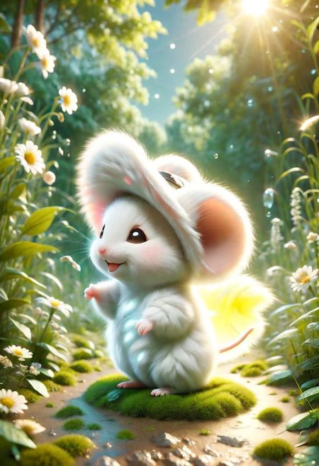 ral-fluff,<lora:ral-fluff:1>,
chibi,masterpiece,best quality,original,official art,silver metallic mice, hat,flower,blurred background,rendering,beautiful detailed glow,(detailed ice),beautiful detailed sun,sunny, blurred flower, happy