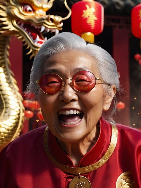 concept art extreme close up of old grandma face, happy, screaming, wearing sunglasses, with gold coins raining, red shirt,(((from front:1.4))), chinese new year, red lanterns, cinematic lighting, low key lighting, ring light <lora:yueliangmen:0.8> yueliangmen, (((chinese dragon background:1.4))),  <lora:Perfect Hands:1> . digital artwork, illustrative, painterly, matte painting, highly detailed