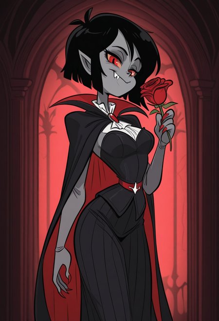 kricfalusistyle, masterpiece, best quality, solo,                                                                                                                        female, vampire, black hair, fang, vampire clothing, grey skin, detailed translyvania interior background, , holding rose,