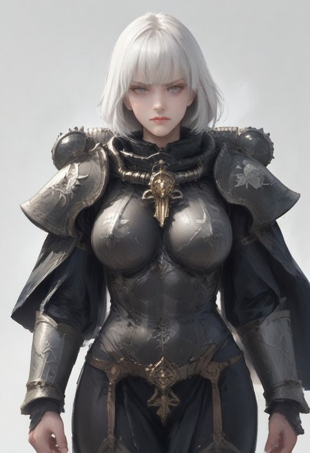 <lora:Sororitas:1> armor, shoulder armor, 1girl, pauldrons, short hair, power armor, white hair, white eyelashes, big breastplate <lora:disgusted_face_xl_goofy:1> disgusted face, looking down, score_9, score_8_up, score_7_up, score_6_up, score_5_up, score_4_up