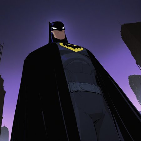 <lora:BATMAN_2004:1>batman_2004, solo, 1boy, closed mouth, standing, male focus, outdoors, sky, no humans, mask, night, shadow, frown, from below, building, night sky, cloak, city, silhouette, dark, white eyes, blank eyes, purple sky, upper body, coat, black coat, superhero, dynamic perspective, detailed background, motion blur, film grain, abstract, natural lighting, fantasy, cinematic, dynamic view, tilted angle, very awa, masterpiece, best quality, absurdres, newest, perfect quality, detailed background, intricate details, (artist:fl \(l-fl\):0.7), (artist:tooboshoo:0.7), (artist:dizdoodz:0.8)