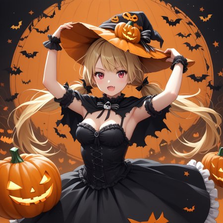 long twintails, blonde hair, pumpkin hat,medium breasts ,fang
gothic dress,torn cloak,
halloween, halloween costume,pose
arms raised in the air
score_9, score_8_up, score_7_up,  masterpiece, best quality, source_anime, source_hentai,  uncensored, detailed background,