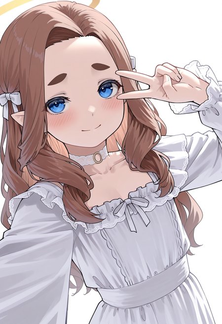 1boy, trap, flat chest, long hair, brown hair, wave hair, thick eyebrows, blue eyes, pointed ears,
solo, halo, hatching (texture), frills, lace, long sleeves, dress, choker,
selfie, v, closed mouth, looking at viewer, blush,
simple background, white background, 
<lora:PenDDIL-style:1>, pendd, masterpiece,best quality,amazing quality,